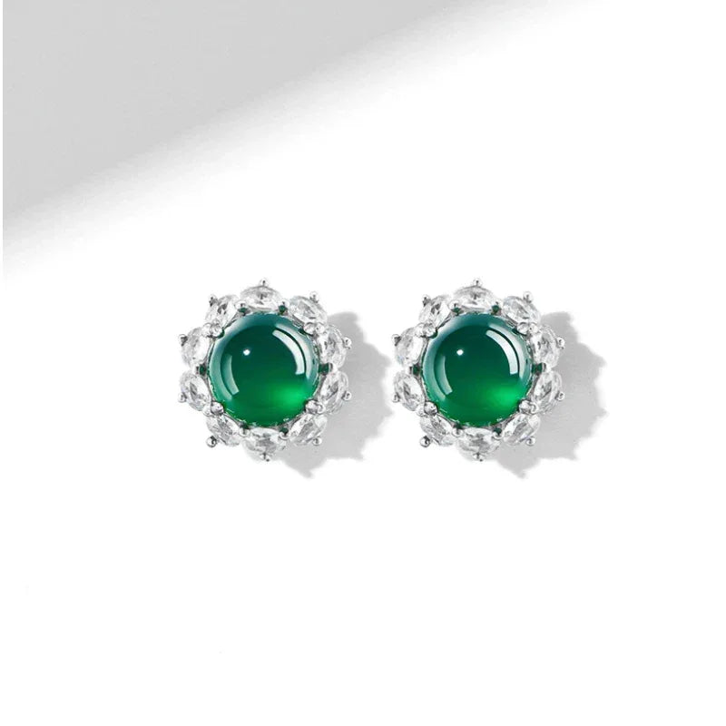 Chrysoprase Sunflower Cabochon Earrings S925 Silver Women's Style - OOAKB