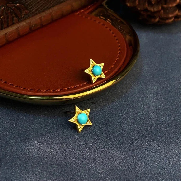 Natural Turquoise Star Round Earrings - OOAKB