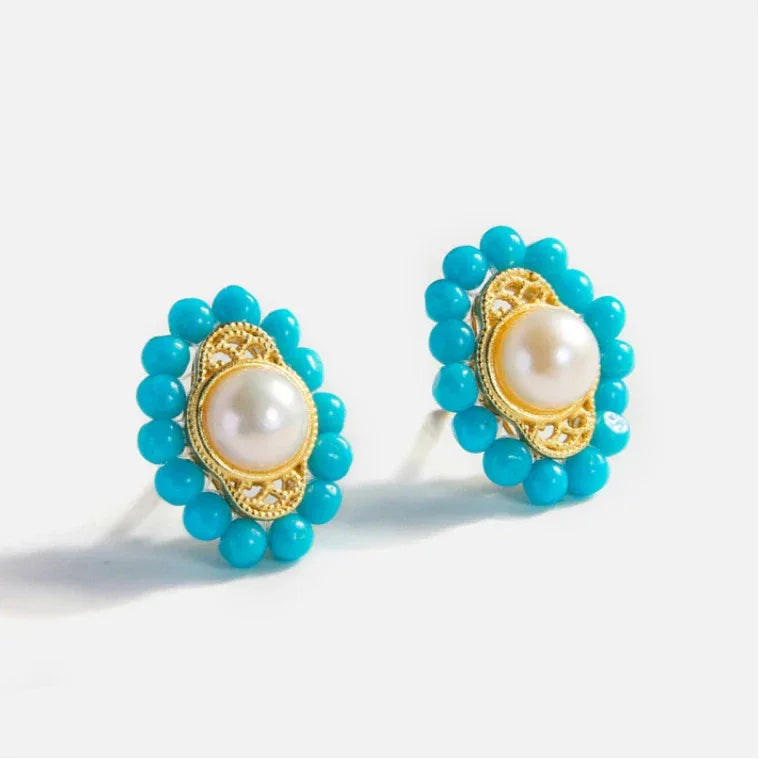American Turquoise Seed Pearl Earrings - OOAKB