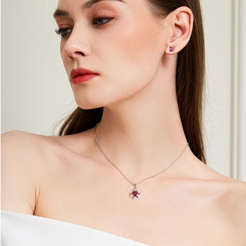 S925 Silver Pigeon Blood Ruby Flower Necklace Women's Style