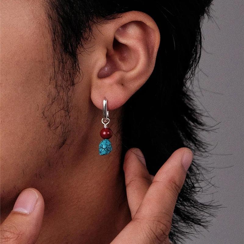 S925 Silver Turquoise & Red Bead Dangle Earrings - OOAKB