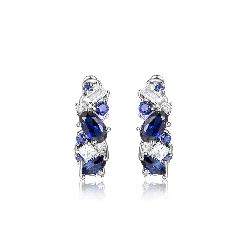 Sapphire S925 Silver Rhodium-Plated Stacked Gem Hoop Earrings - OOAKB