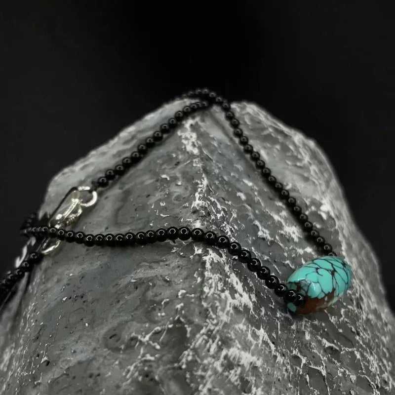 Silver Onyx Beaded Turquoise Pendant Necklace - OOAKB