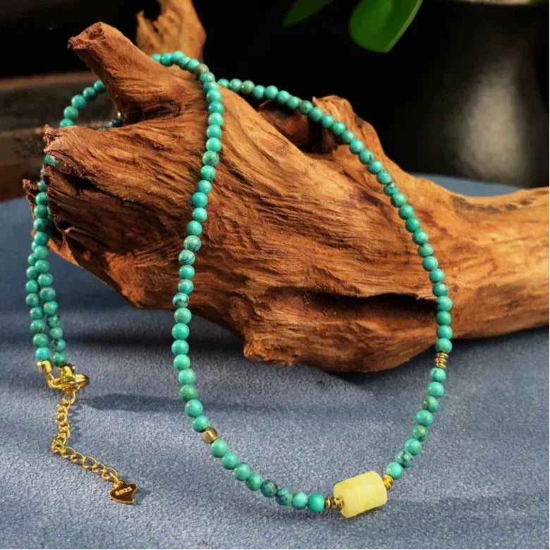 Turquoise Round Bead & Beeswax S925 Silver Necklace - OOAKB