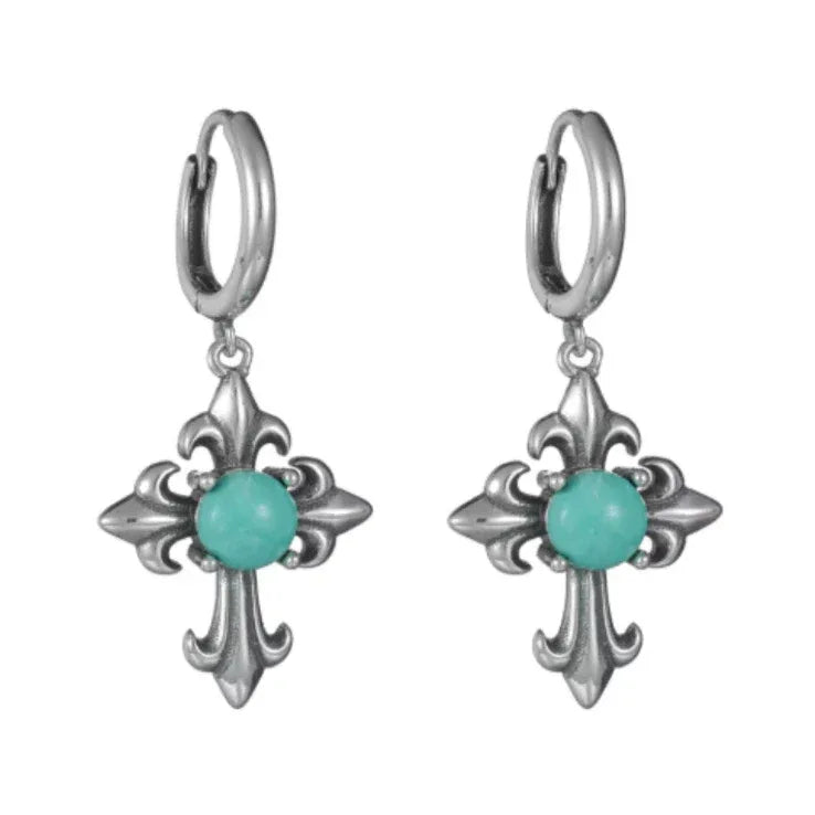 Silver Cross Turquoise Earrings Punk Style - OOAKB