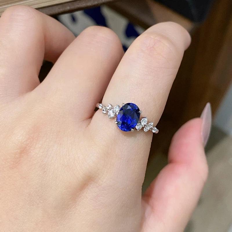 Sapphire S925 Silver Side Diamond-Accented Oval Ring - OOAKB