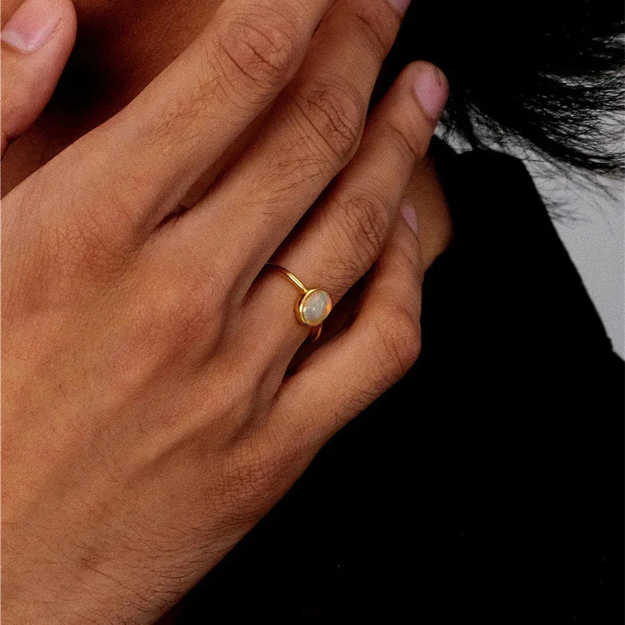 Silver Plated Gold Egg-Shaped Opal Ring - OOAKB