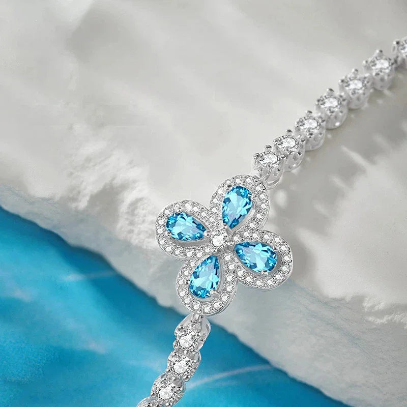 London Blue Topaz S925 Silver Four-Leaf Clover Bracelet - OOAKB