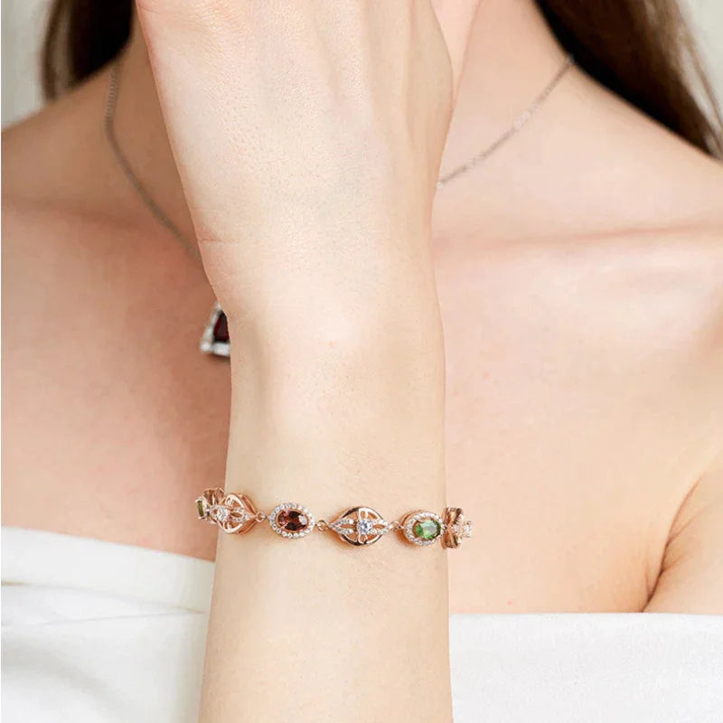 Rose Gold Tourmaline Bracelet S925 Silver Women's Style - OOAKB