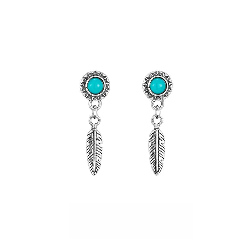 S925 Silver Antiqued Feather Turquoise Earrings - OOAKB