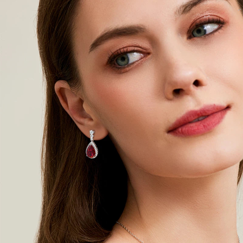 Ruby Teardrop Earrings S925 Silver Women's Style