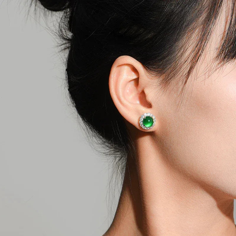 Jade Green Icy Chrysoprase Stud Earrings S925 Silver Women's Style - OOAKB