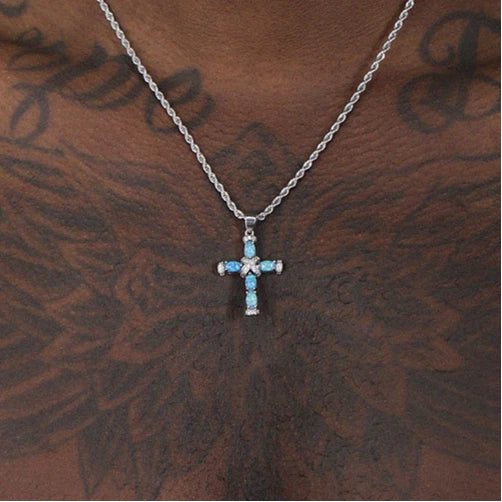 Blue Opal Cross Necklace Unisex