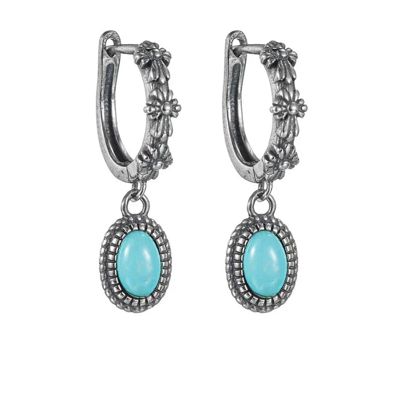 Silver Turquoise Retro Dangle Earrings - OOAKB