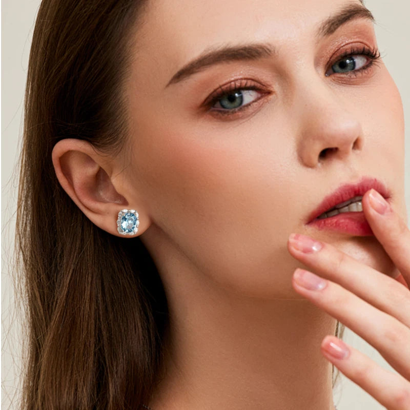 Natural Topaz Square Sugar Stud Earrings S925 Silver Women's Style