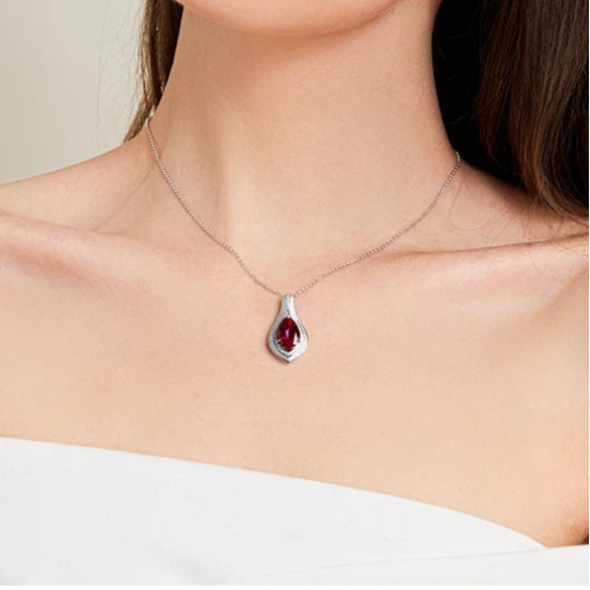 Pigeon Blood Ruby Teardrop Necklace Women's Style S925 Silver