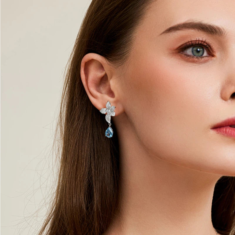 Topaz Blue Star Flower Earrings S925 Silver Women's Style