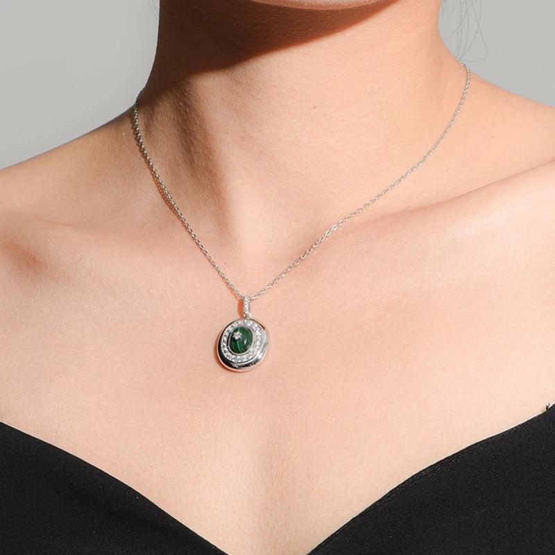 Malachite Cabochon Micro-Pave Pendant Necklace S925 Silver - OOAKB