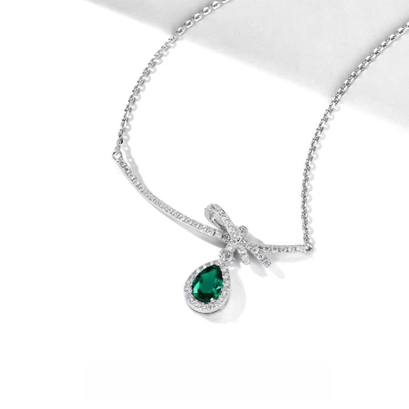 Emerald Bowknot Full-Diamond Collar Necklace S925 Silver Women's Style