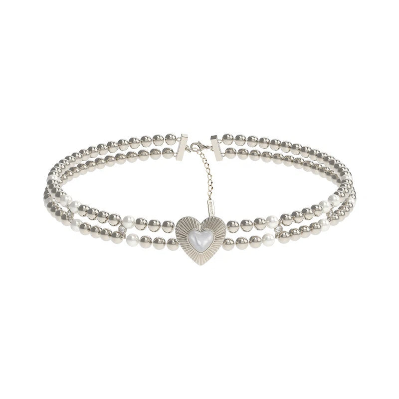 Double-Layer Beaded Heart-Shaped Pearl Collarbone Chain