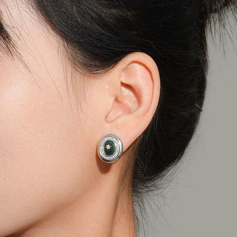 Full Diamond Cabochon Malachite Earrings - OOAKB