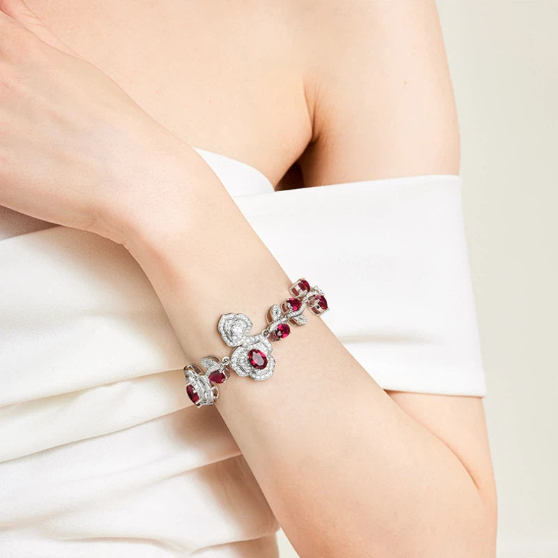 Rose-shaped Ruby Bracelet S925 Silver Women's Style