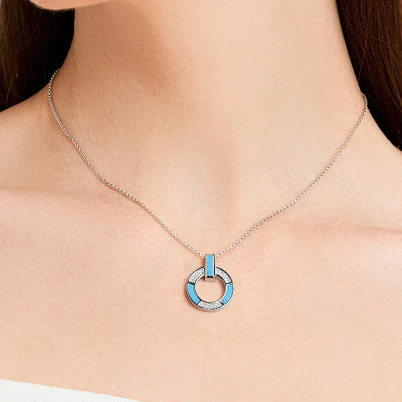 Turquoise Blue-White Contrast Circle Necklace Women's Style - OOAKB