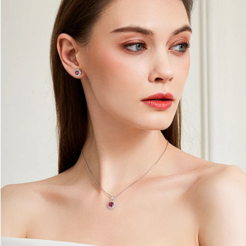 Brilliant Series Four-Claw Ruby Sunflower Necklace S925 Silver Women's Style