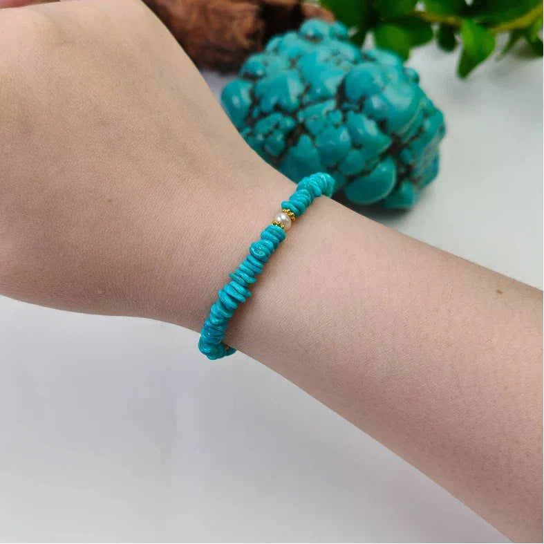Turquoise Seed Material & Pearl Free-Form Bead S925 Silver Bracelet - OOAKB