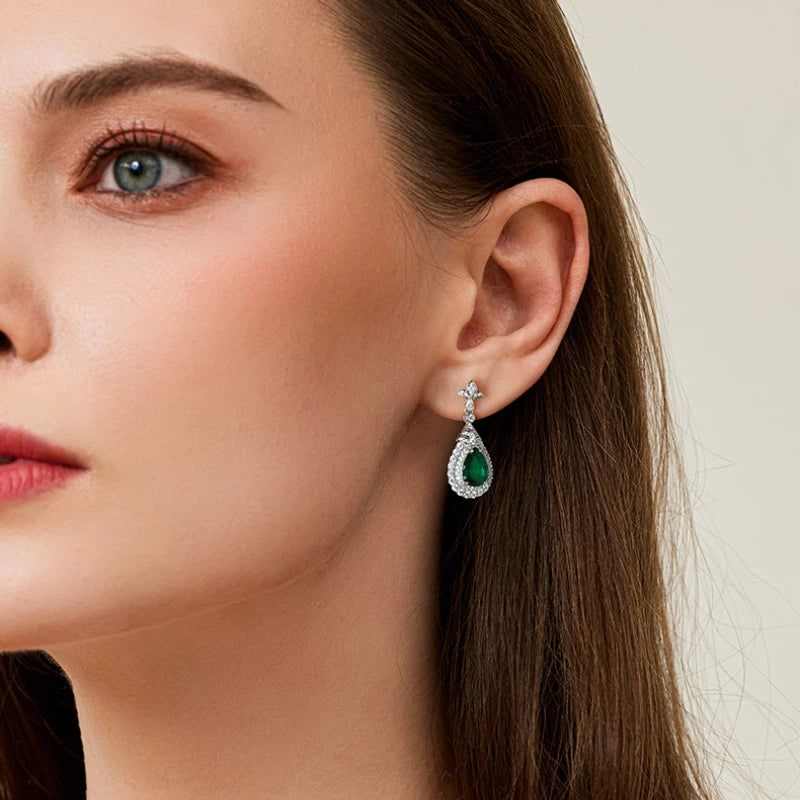 Emerald Large Teardrop Retro Stud Earrings S925 Silver Women's Style