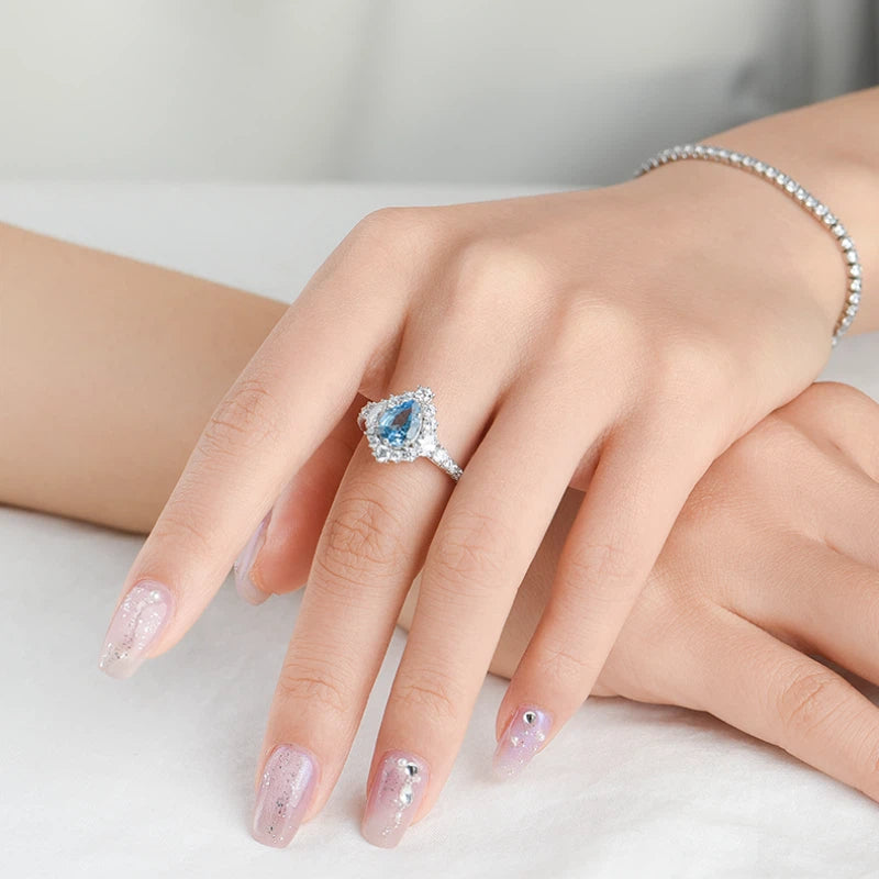 Natural Topaz Ice Blue Small Water Drop Ring Women's Style