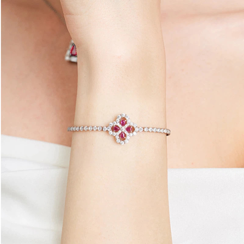 Ruby Lucky Clover Bracelet S925 Silver Women's Style