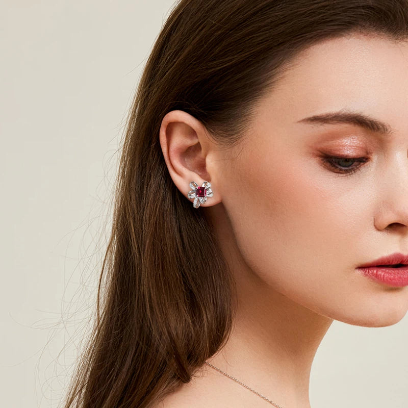 Ruby Bowknot Four-Claw Set Earrings
