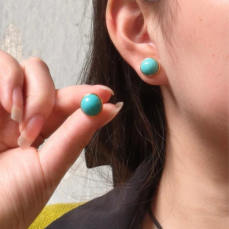 Natural Turquoise Single Bead Round Earrings - OOAKB