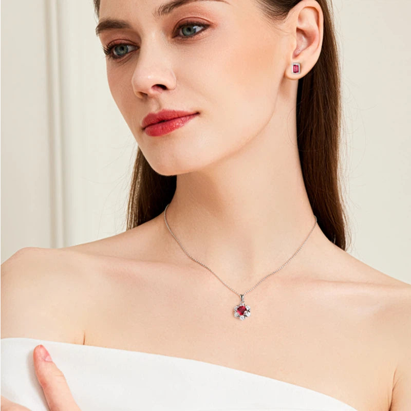 S925 Silver Pigeon Blood Ruby Flower Necklace Women's Style