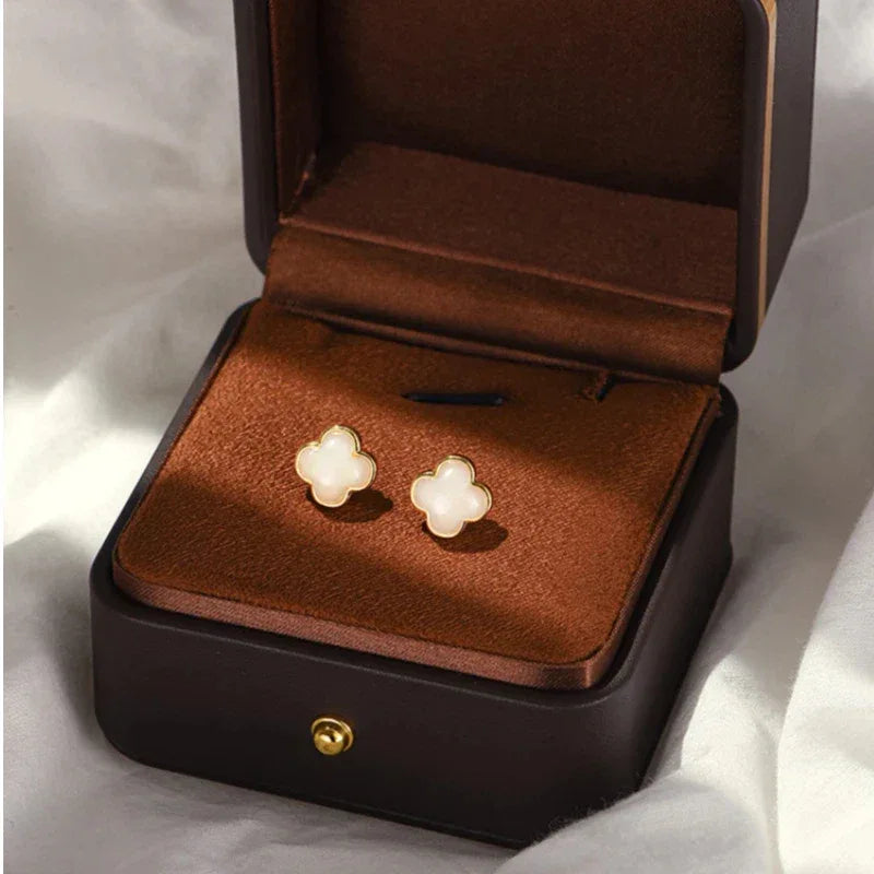 3D Lucky Clover Hetian Jade Stud Earrings S925 Silver Women's Style - OOAKB
