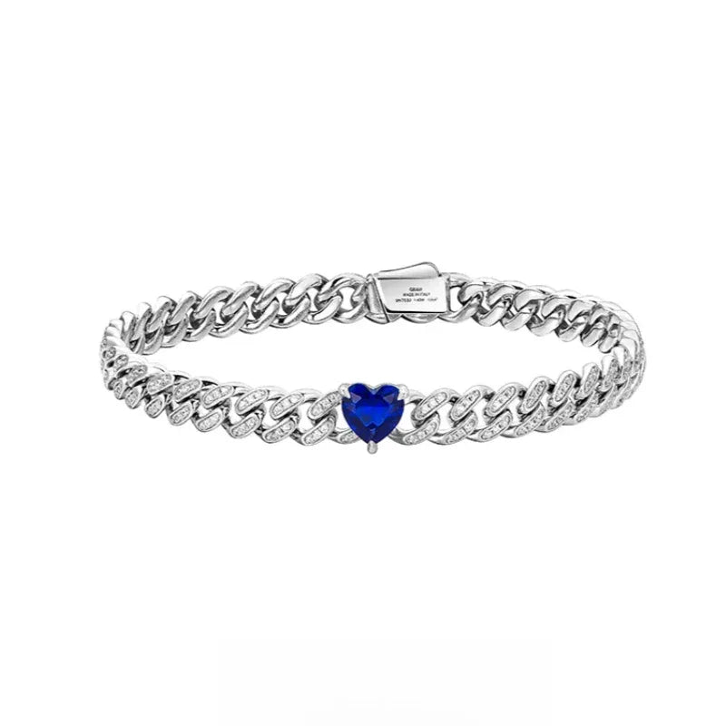Heart Whisper Series Heart Sapphire Full-Diamond Cuban Link Bracelet - OOAKB