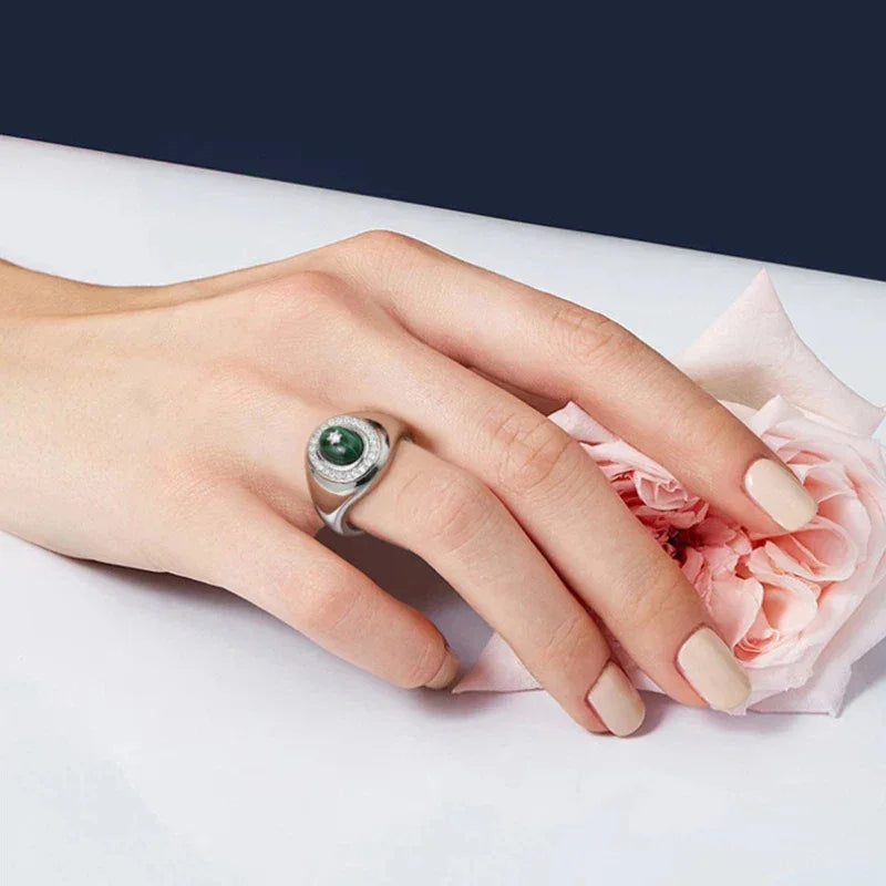 Full Diamond Cabochon Malachite Ring Women's Style - OOAKB