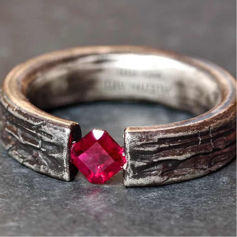S925 Silver Handmade Hammered Vintage Ruby Ring
