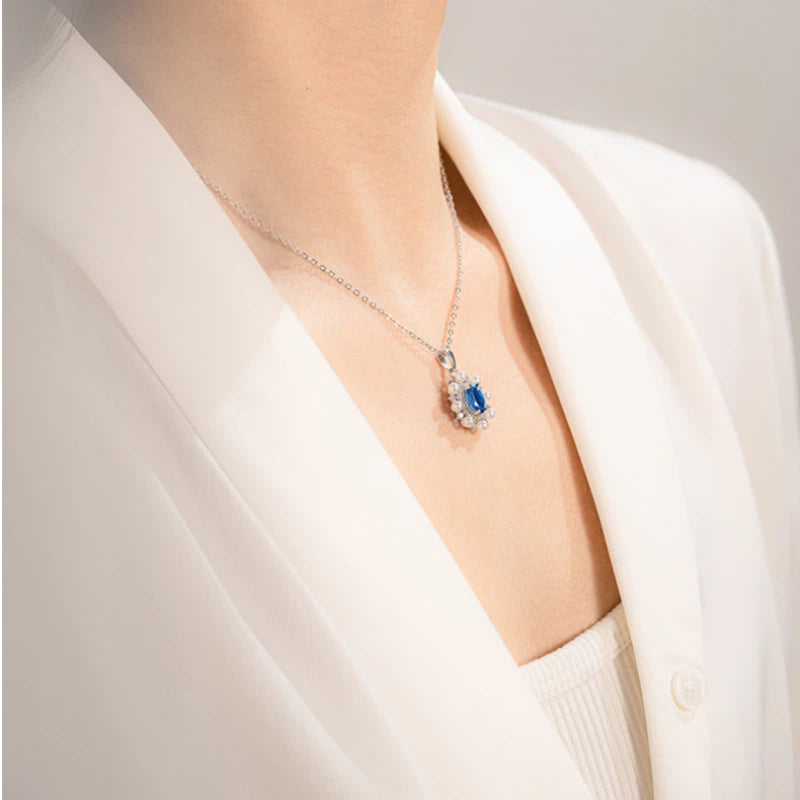 Natural Topaz Blue Gemstone Collar Necklace Women's Style S925 Silver