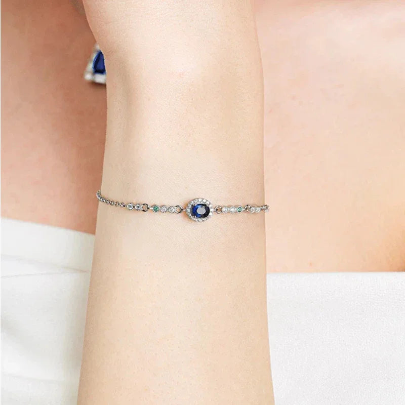 Sapphire Ocean Heart Sparkling Diamond Bracelet S925 Silver - OOAKB