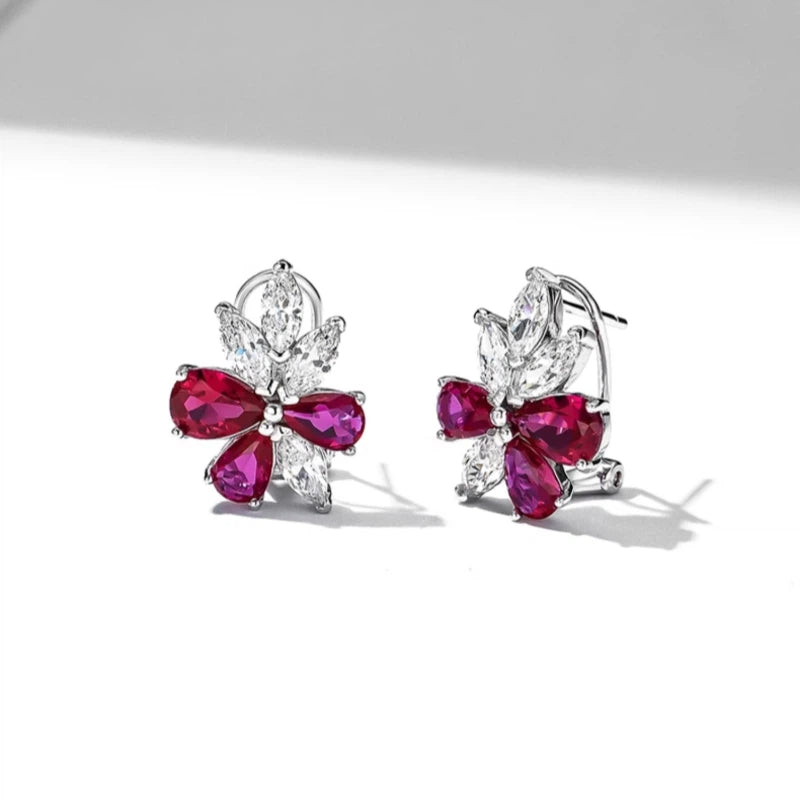 Ruby Flower Earrings S925 Silver Women's Style