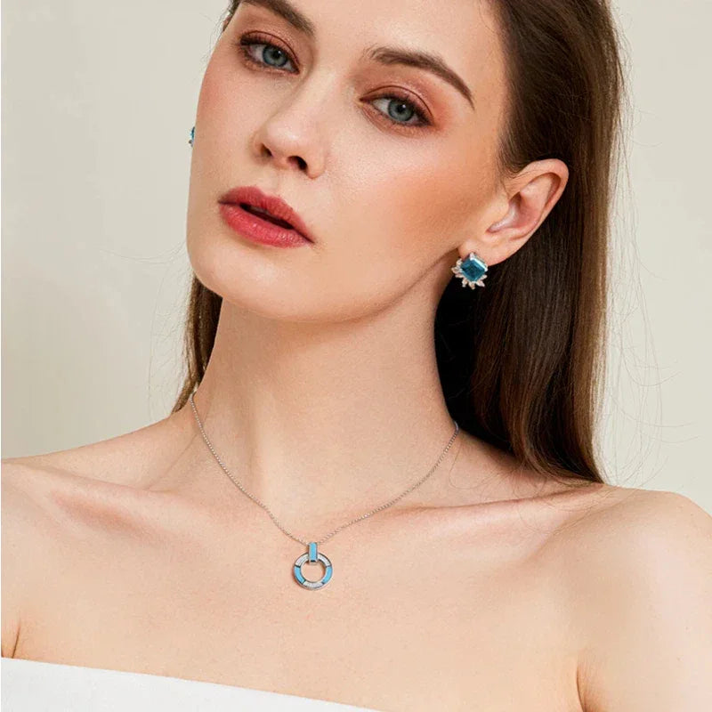 Turquoise Blue-White Contrast Circle Necklace Women's Style - OOAKB
