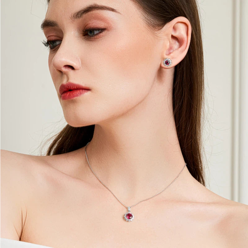Brilliant Series Four-Claw Ruby Sunflower Necklace S925 Silver Women's Style