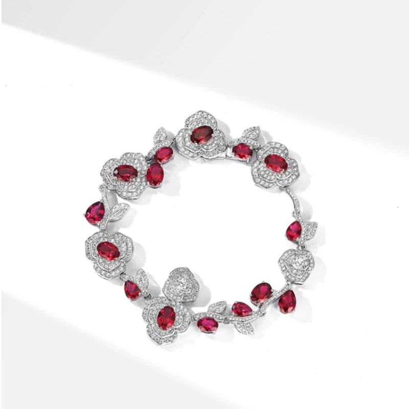 Rose-shaped Ruby Bracelet S925 Silver Women's Style