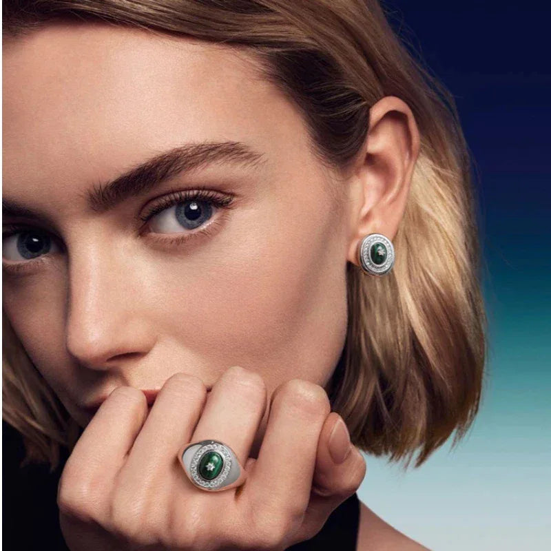 Full Diamond Cabochon Malachite Earrings - OOAKB