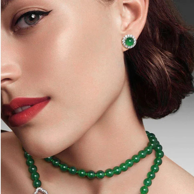 Jade Green Icy Chrysoprase Stud Earrings S925 Silver Women's Style - OOAKB