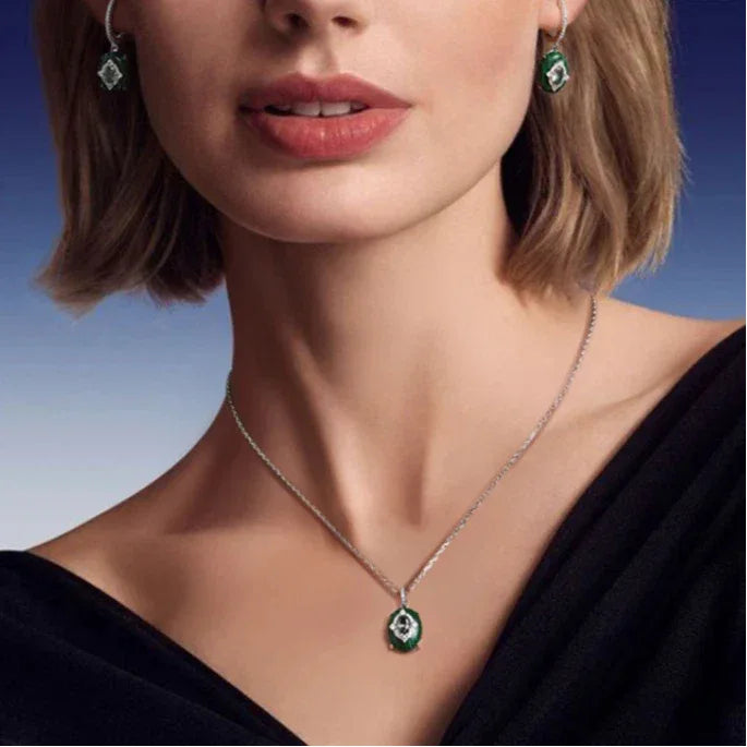 Malachite Cabochon Inlaid Sparkling Diamond Necklace S925 Silver - OOAKB