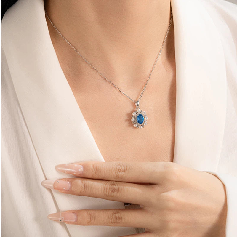 Natural Topaz Blue Gemstone Collar Necklace Women's Style S925 Silver