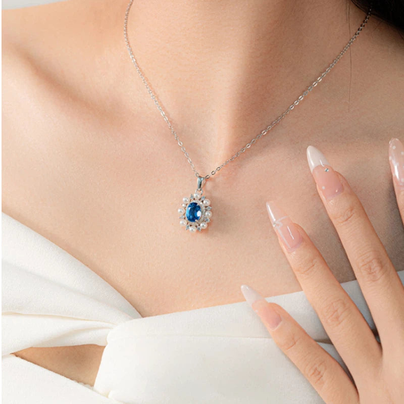 Natural Topaz Blue Gemstone Collar Necklace Women's Style S925 Silver